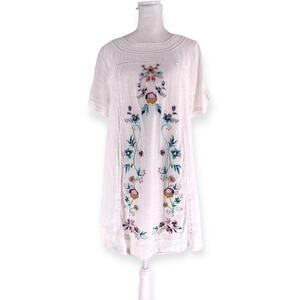 Umgee Gauzy Summer White Cotton Embroidered Floral Tunic Mini Beach Dress L